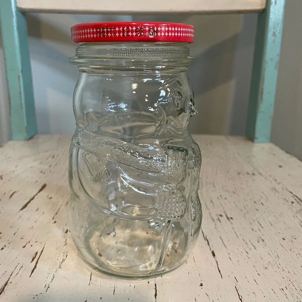 Vintage 1992 Kraft Strawberry Jam Snowman Glass Jar Red Lid 28oz Collectible